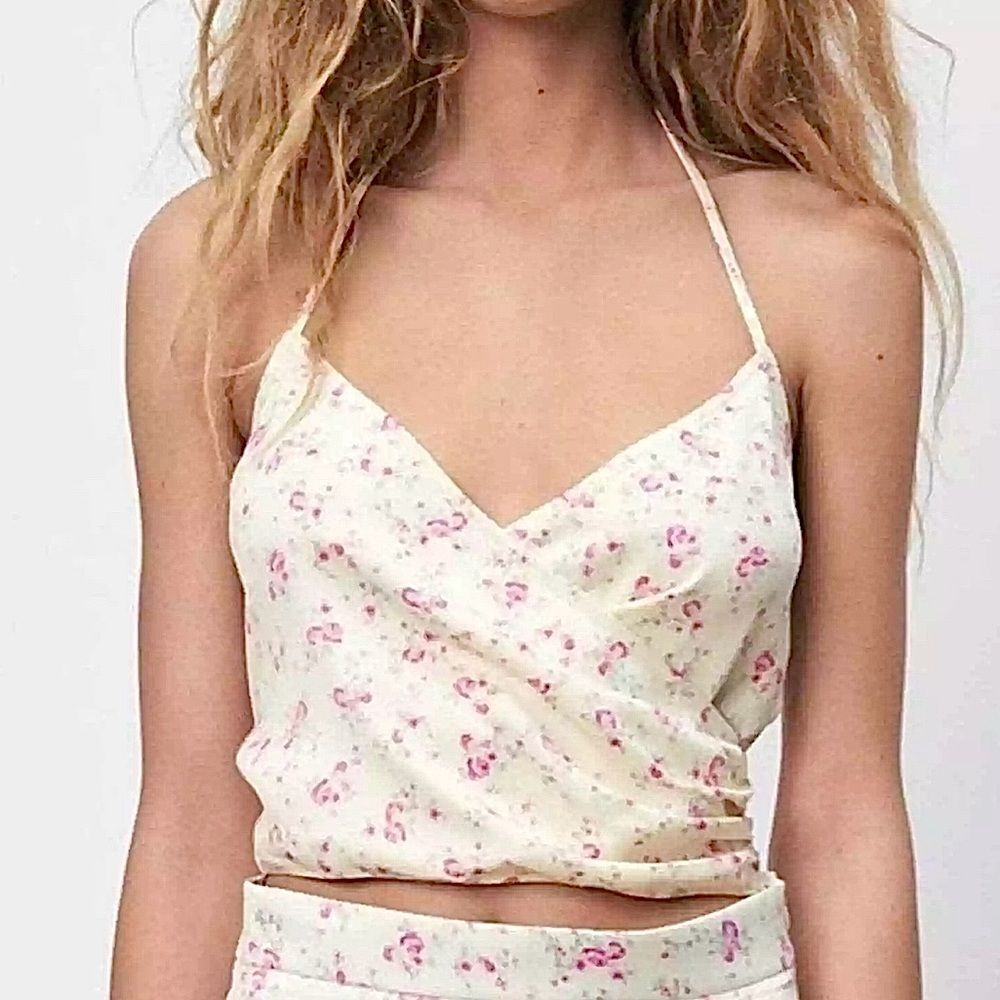 Zara Halter Floral Shirt Wrap Front Tie Back Crop Top Size M